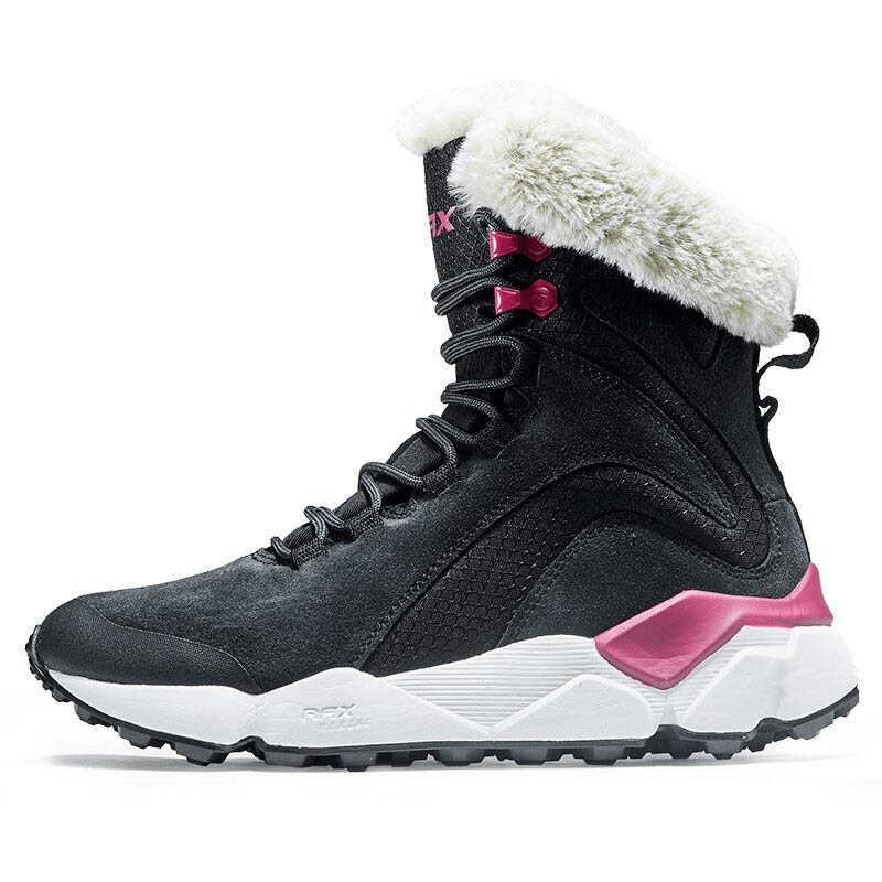 Black lace-up leather snow boots with fur, featuring pink accents and waterproof material for women. Perfect for winter outdoor activities.